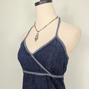 Gap Denim Mini Dress 4 Blue Vintage 90s Y2K Jean Halter Babydoll Preppy Classic